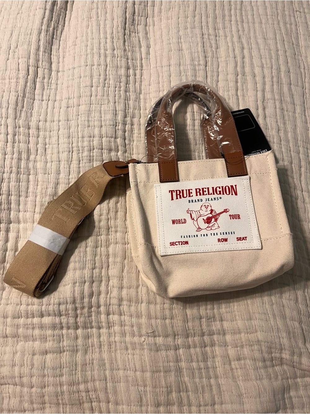 True Religion Canvas Mini Messenger Tote / crossbody with faux Leather Accents